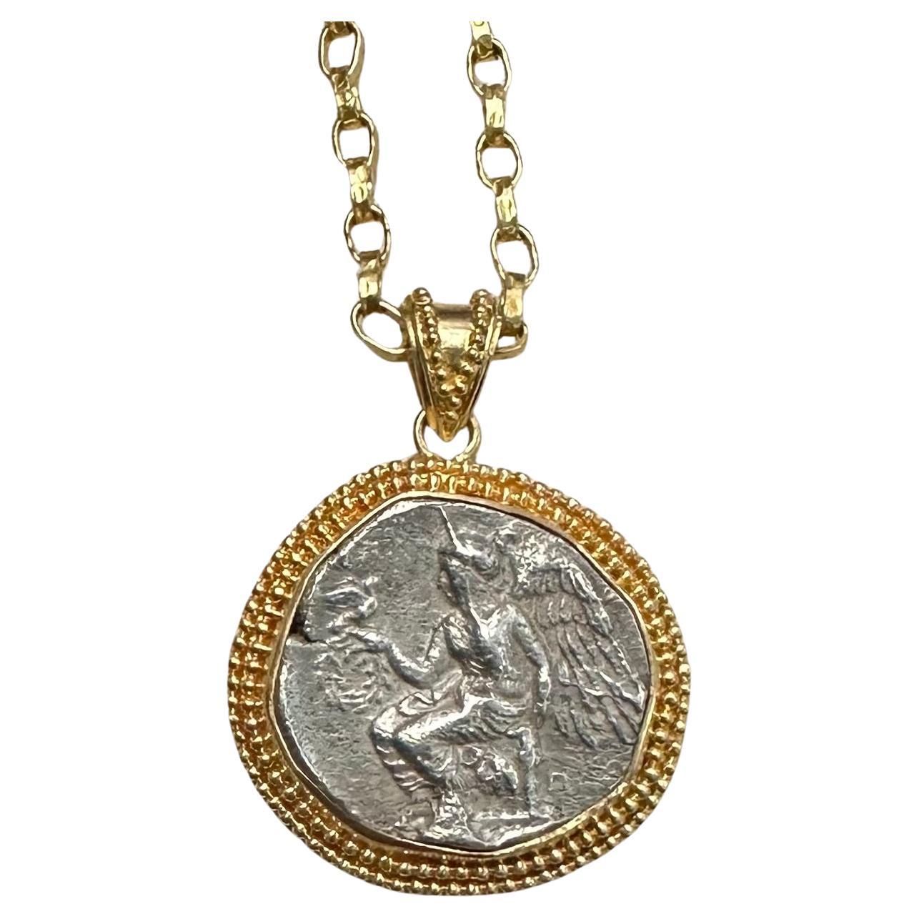 Ancient Greek 5th Century BC Winged Goddess Nike Coin 18K Gold Pendant