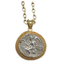 Ancient Greek 5th Century BC Winged Goddess Nike Coin 18K Gold Pendant