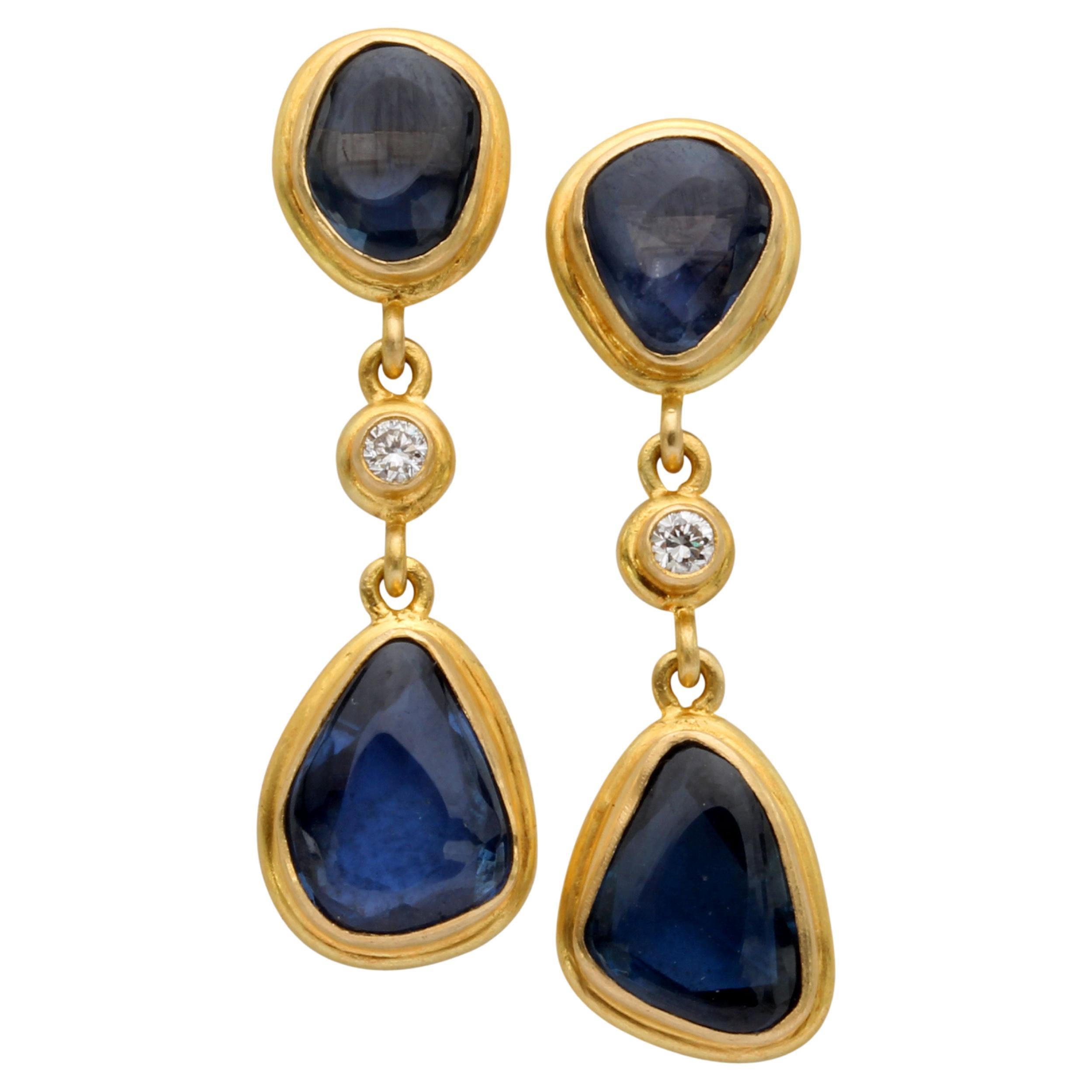 Steven Battelle 5.7 Carats Blue Sapphire Diamond 18K Gold Post Earrings For Sale