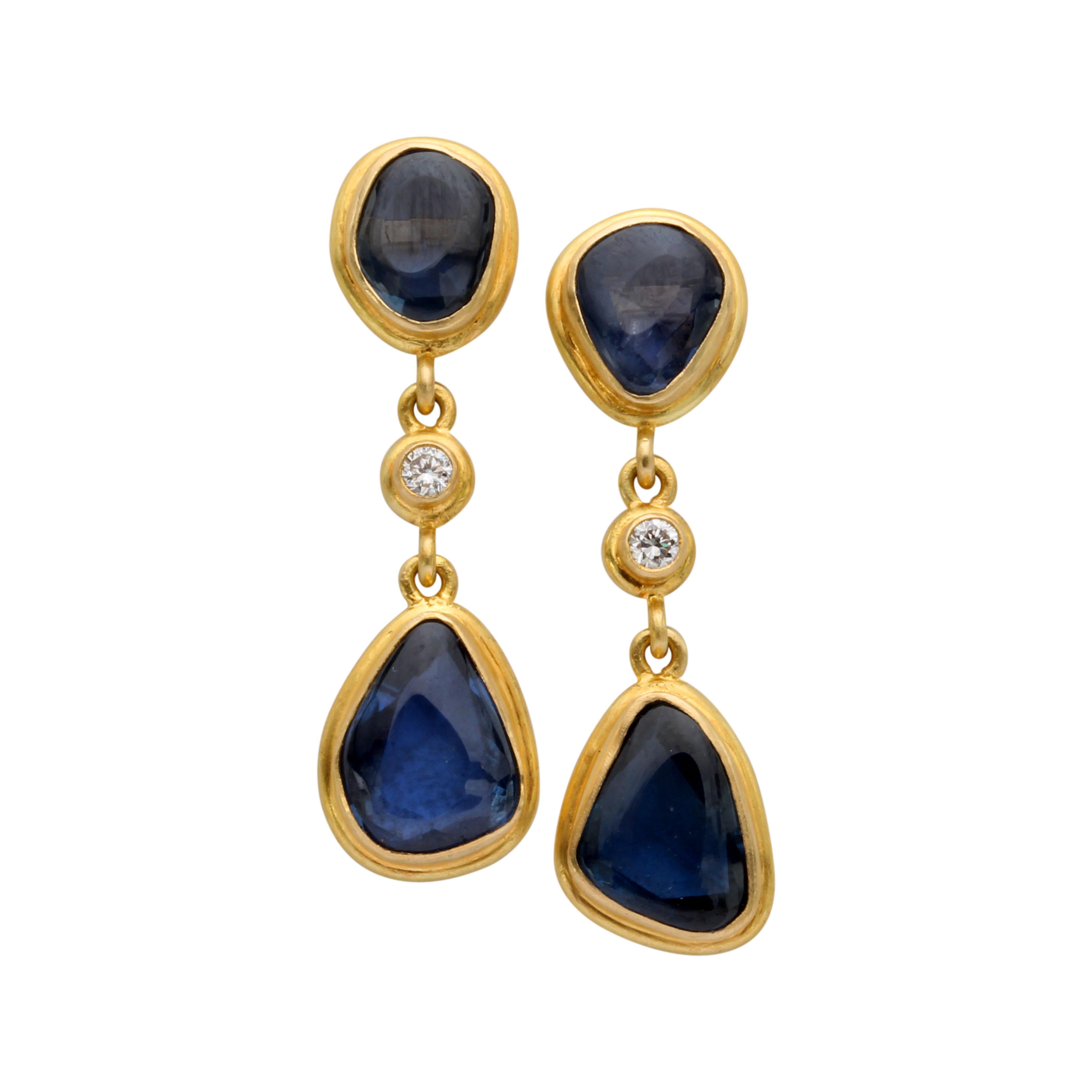 Rose Cut Steven Battelle 5.7 Carats Blue Sapphire Diamond 18K Gold Post Earrings For Sale
