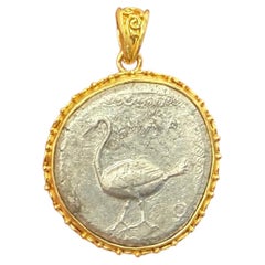 Ancient Greek 5th Century BC Silver Swan Coin 18K Gold Pendant