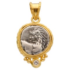 Ancient Greek 4th Century BC Lion Coin Diamond 18K Gold Pendant