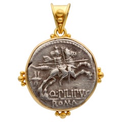 Ancient Roman Republic 129 BC Horseman With Lance Coin 18K Gold Pendant