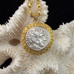 Ancient Greek 4th Century BC Alexander the Great Coin Diamond 18K Gold Pendant