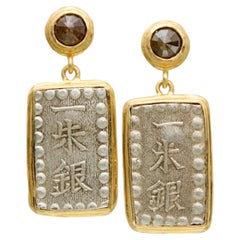 Japan 1800's Silver Samurai Coin Diamonds 18K Gold Post Earrings
