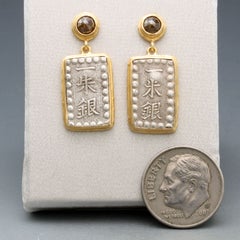 Japan 1800's Silver Samurai Coin Diamonds 18K Gold Post Earrings