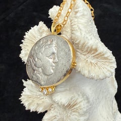 Ancient Greek 2nd Century BC Wine God Dionysus Coin Diamonds 18K Gold Pendant