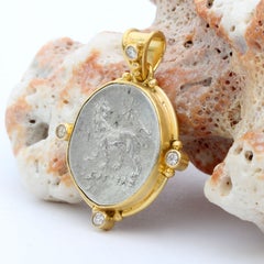 Ancient Greek 4th Century BC Lion Coin Diamonds 18K Gold Pendant