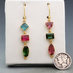 Steven Battelle 9.3 Carats Mixed Multi-Color Tourmaline 18K Gold Dangle Earrings