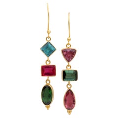 Steven Battelle 9.3 Carats Mixed Multi-Color Tourmaline 18K Gold Dangle Earrings