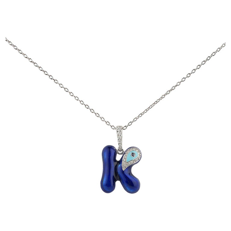 Diamond Letter K Necklace Evil Eye ID Initial 14k White Gold Enamel