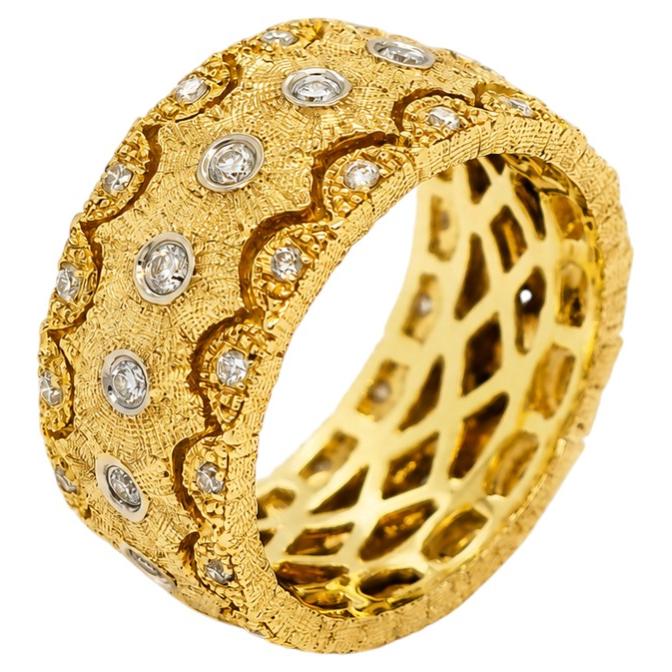 Anello con diamanti italiani in oro 18 carati, finitura fiorentina, bicolore