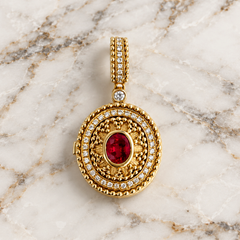 Vitolo 18 Karat Gold Granulato Style Locket Pendant with Diamond and Ruby