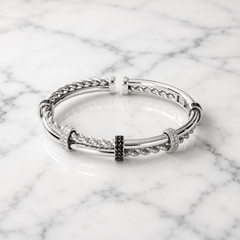 Vitolo 18K White Gold Diamond Cable Bangle with Black Diamond Accents