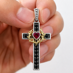 Vitolo 18K White & Yellow Gold Black Diamond Cross Pendant with Ruby Heart
