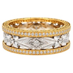 Anillo ancho de Vitolo en oro blanco y amarillo de 18 quilates, con diamantes, acabado milgrain y grabado