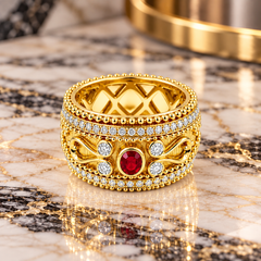 Vitolo 18K Yellow Gold Ruby and Diamond Granulata Wide Band Ring