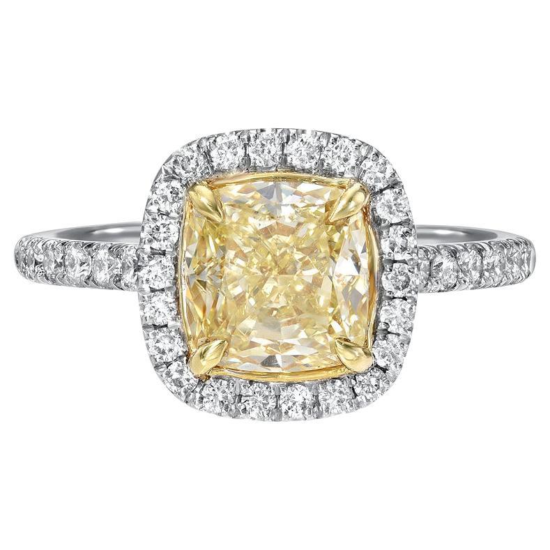 GIA Certified 2 Carat Natural Fancy Yellow Diamond Cushion Cut Ring