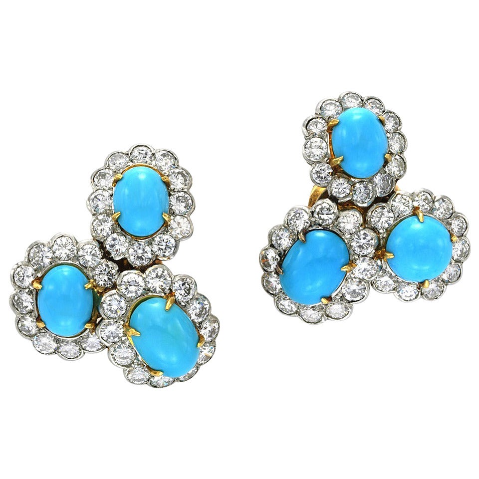 1960s Van Cleef & Arpels Turquoise Diamond Ear Clips For Sale