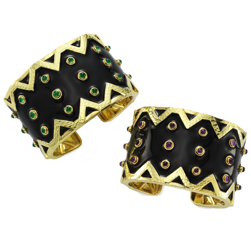 David Webb Pair of Enamel Emerald Amethyst Gold Cuff Bracelets For Sale