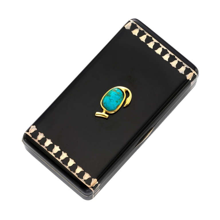 Cartier Art Deco Egyptian Revival Enamel, Turquoise and Silver Gilt Case For Sale