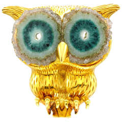 Agate Yellow Gold Owl Brooch