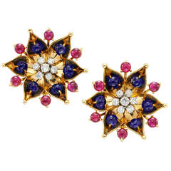 Cartier Ruby Sapphire Diamond Ear Clips