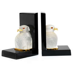 Asprey Pair of Rock Crystal and Multi-Gem Falcon Bookends