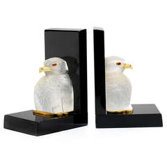 Vintage Asprey Pair of Rock Crystal and Multi-Gem Falcon Bookends