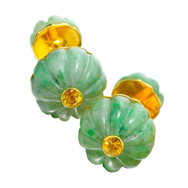 Cartier Pair of Jade Yellow Sapphire Yellow Gold Cufflinks