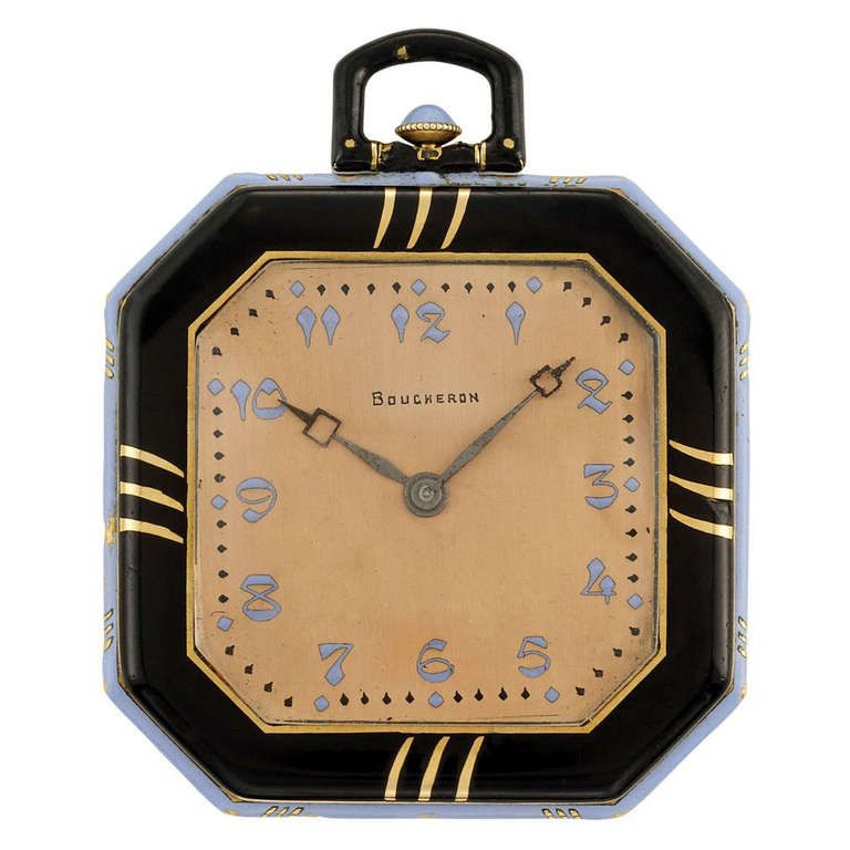 Boucheron Art Deco Gold Pocket Watch with Black and Periwinkle Blue Enamel For Sale