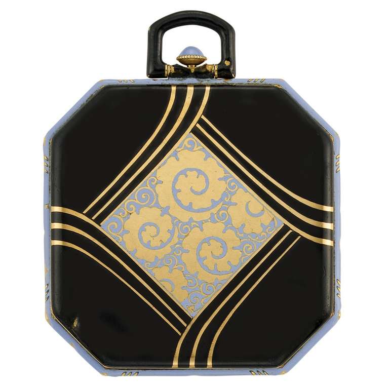Boucheron, an Art Deco 18k Gold and Black and Periwinkle Blue Enamel Pocket Watch, an octagonal gilt dial with periwinkle enamel Arabic numerals, within an octagonal case with black enamel, quartered by triplets of tapered gold bands, edged by