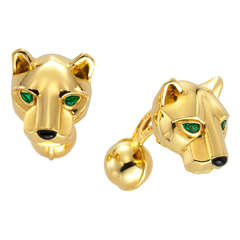 Vintage Cartier Pair of Onyx Emerald Panther Cufflinks