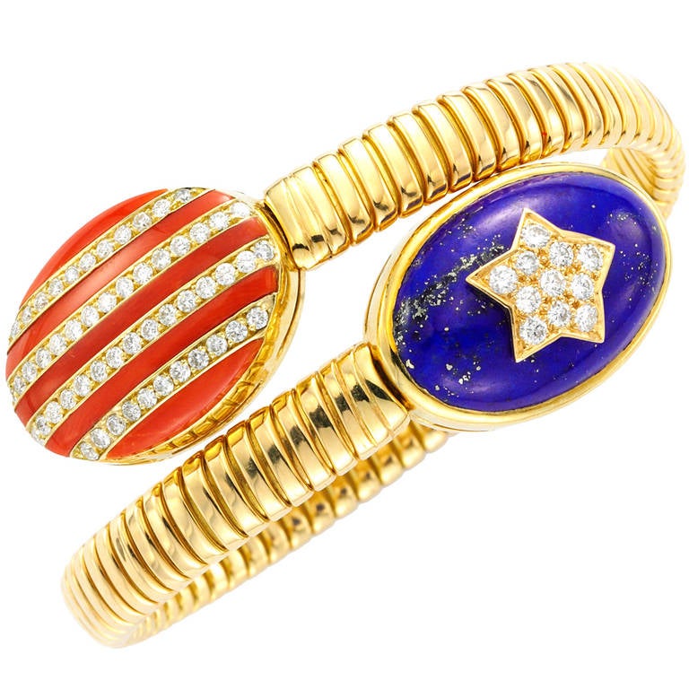 Bulgari A Coral Lapis Lazuli Diamond Gold Stars and Stripes Bracelet For Sale