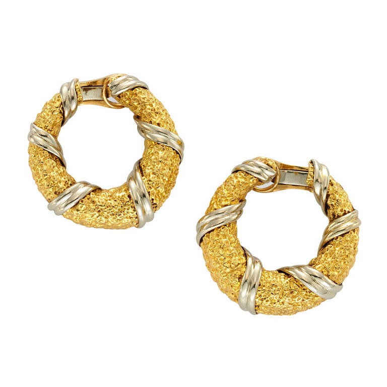 Van Cleef & Arpels A Pair of Diamond Gold Hoop Earrings For Sale