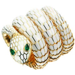Bulgari Lady's Yellow Gold, Enamel and Emerald Serpent Bracelet Watch