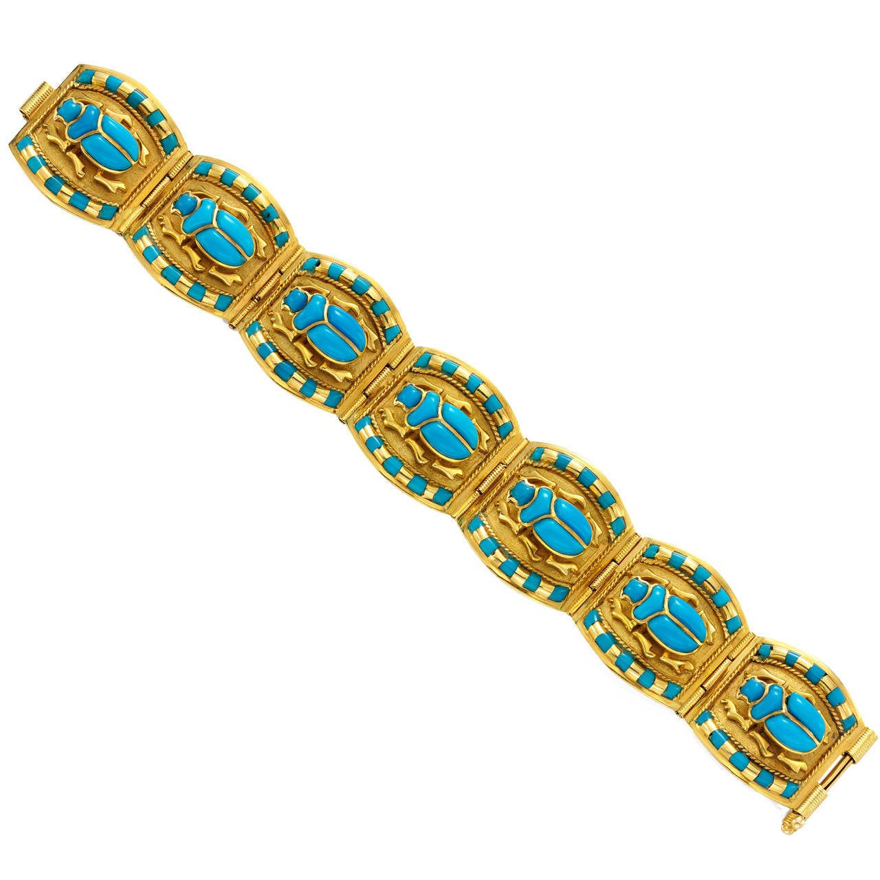 A Glass and Gold Scarab Bracelet For Sale