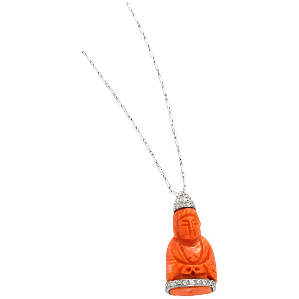 Carved Coral Diamond Platinum Buddha Pendant Necklace For Sale