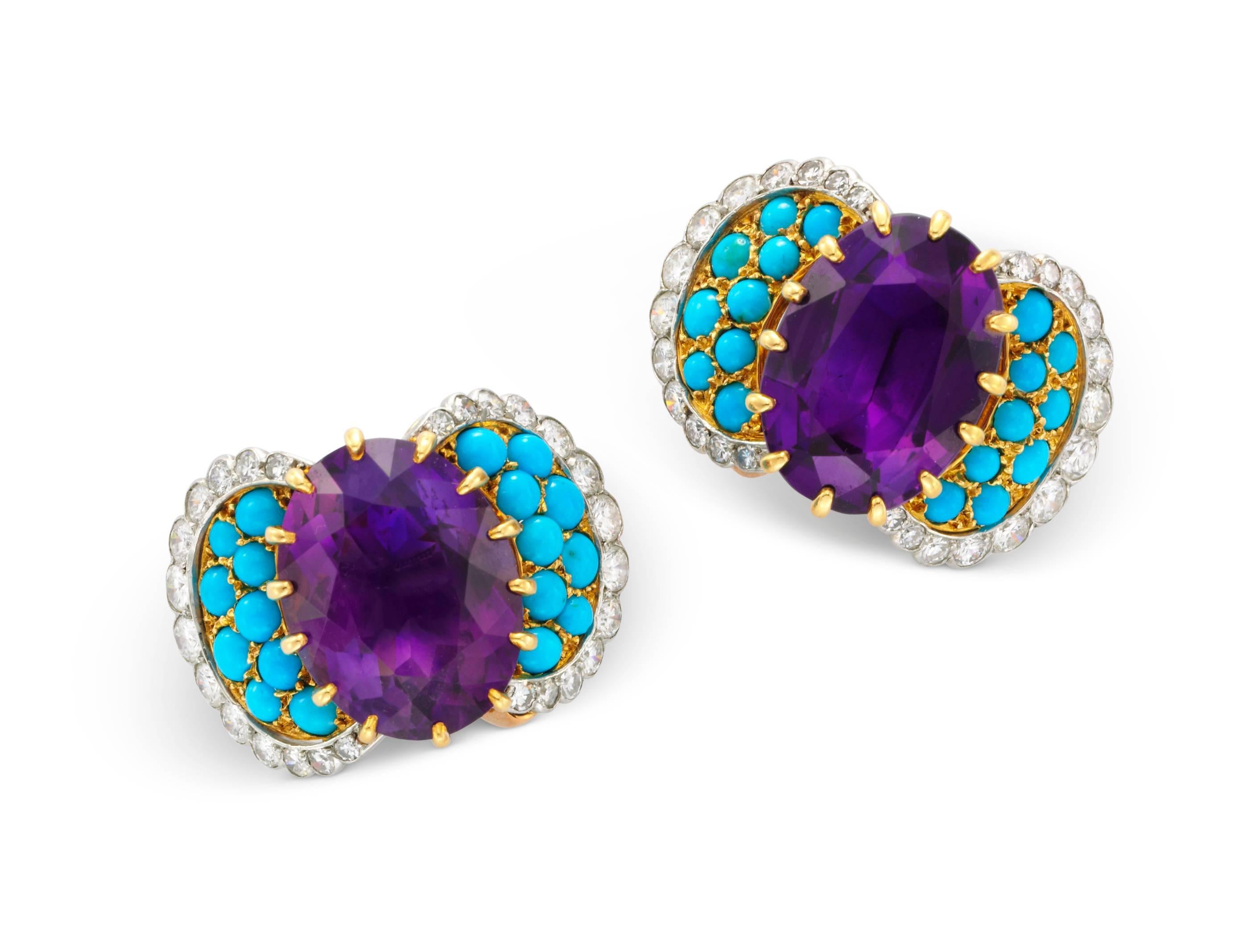 Cartier: An Amethyst, Turquoise and Diamond Ring and Ear Clips Set, the ring, of bombe design, centering upon a rectangular-cut amethyst, within a surround of cabochon turquoise, to the pave diamond shounders, mounted in gold, signed Cartier, Paris;
