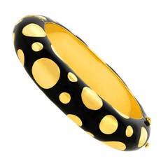 1960s Black Enamel Gold Polka Dot Bangle Bracelet