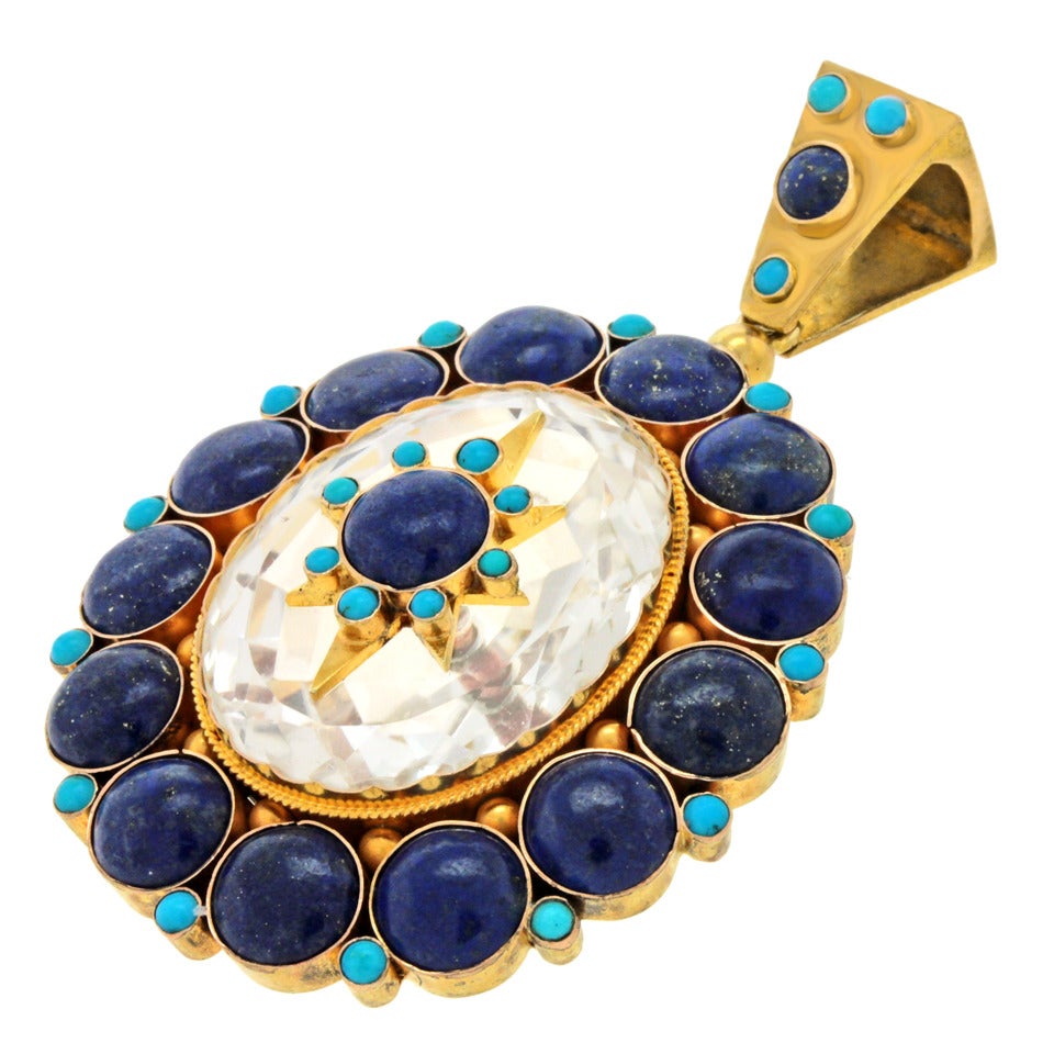 Women's Antique Turquoise Lapis Rock Crystal Gold Pendant
