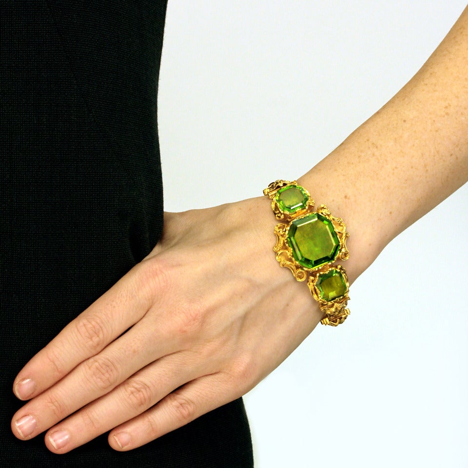 Antique Rococo Revival Gold Bracelet Set With Large Peridots In Excellent Condition In Litchfield, CT