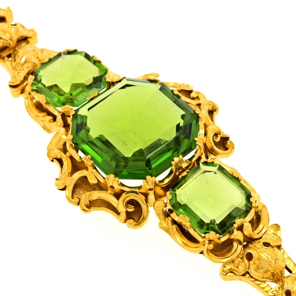 Women's Antique Rococo Revival Gold Bracelet Set With Large Peridots