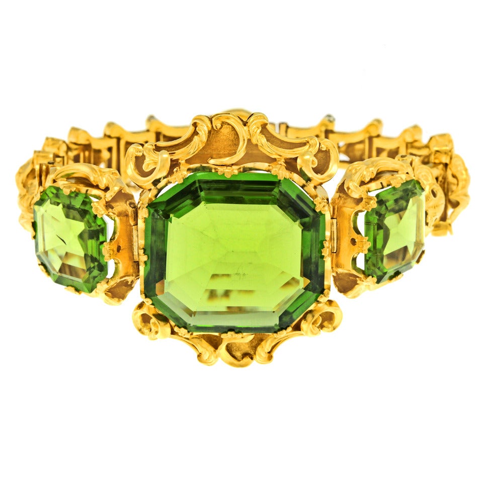 Antique Rococo Revival Gold Bracelet Set With Large Peridots 2