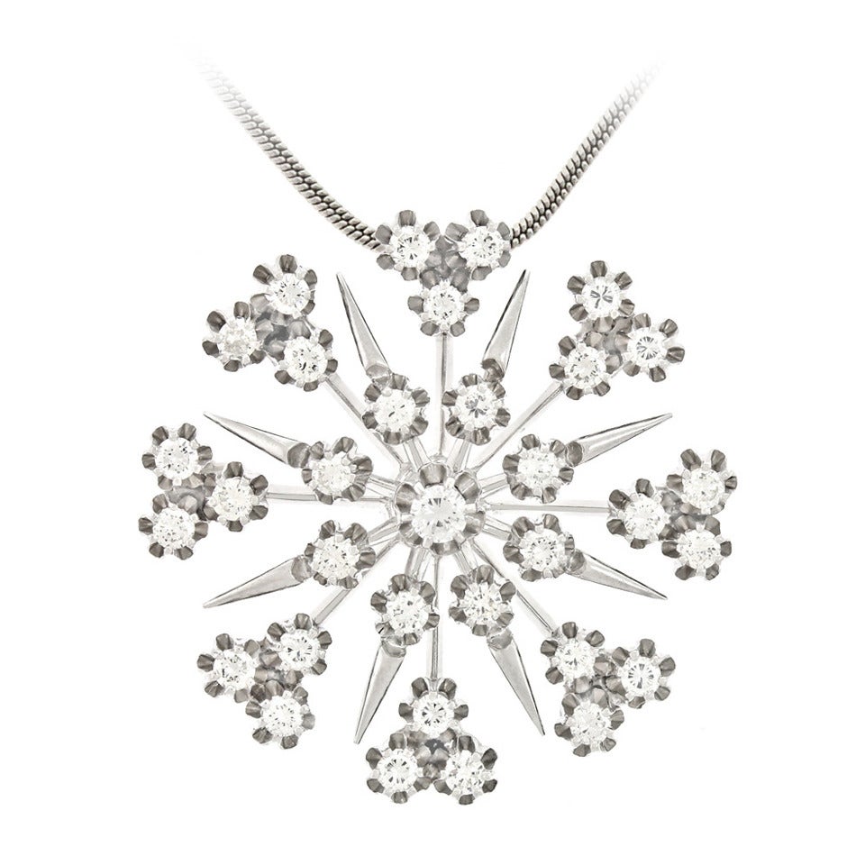 1950s Retro Diamond Gold Snowflake Pendant