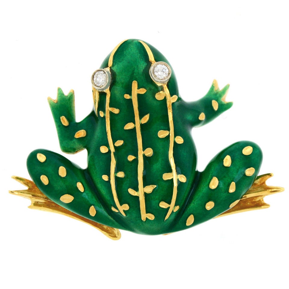 Enameled Gold Frog Brooch