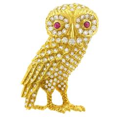 Vintage Diamond Gold Owl Brooch