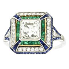 1920s 2.0 Carat Art Deco Sapphire Emerald Diamond Platinum Ring