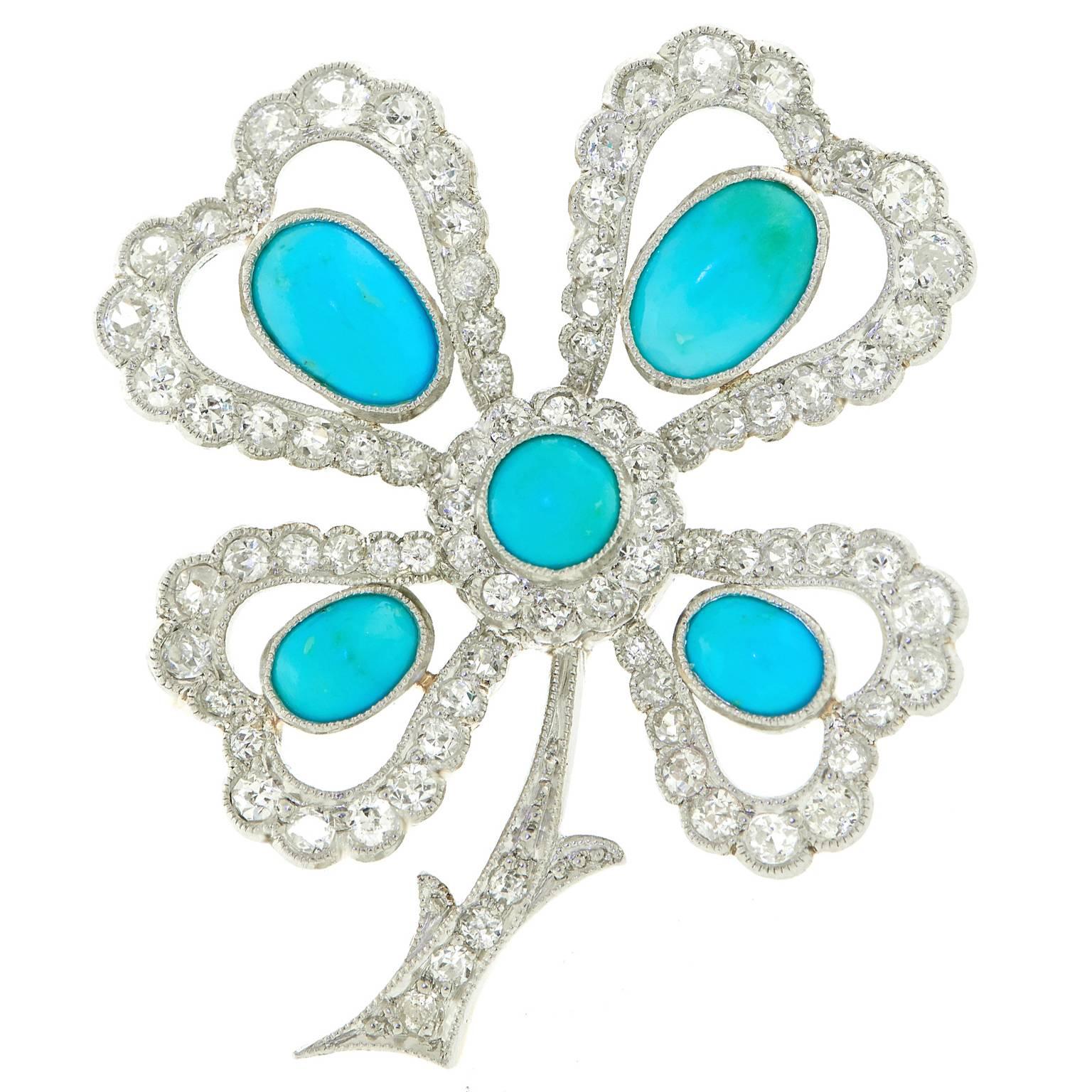 Antique Persian Turquoise and Diamond Clover Brooch
