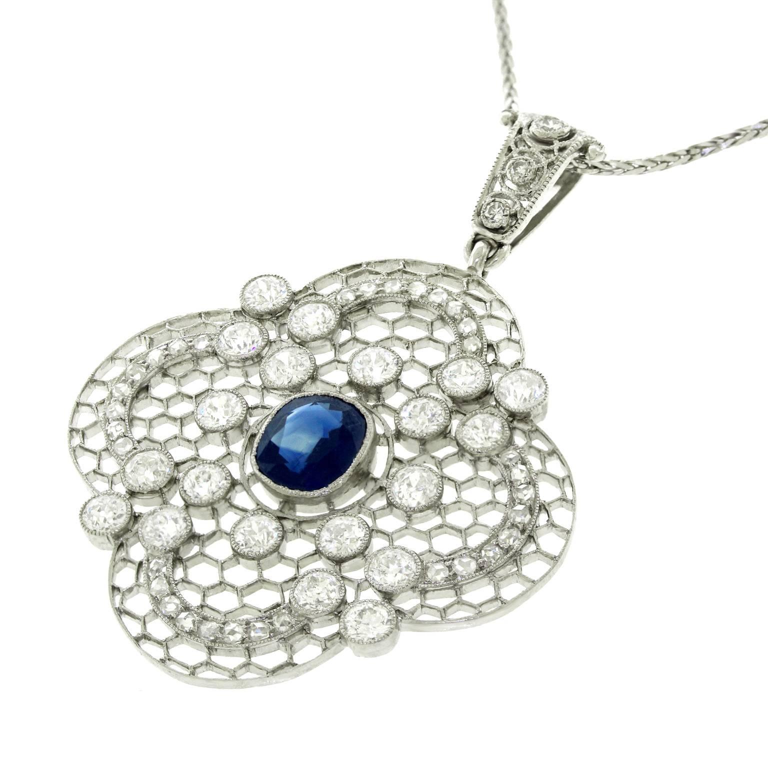 Edwardian Clover-Motif Sapphire Diamond and Platinum Filigree Pendant